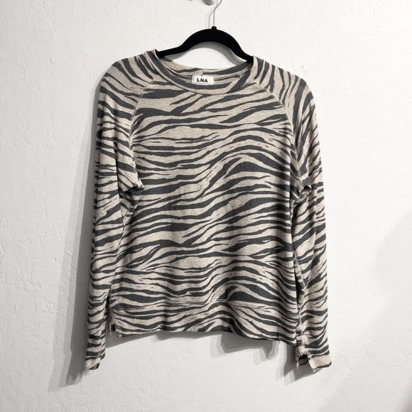 LNA Tops - LNA Zebra Animal Print Fleece Raglan Long Sleeve Pullover Small Taupe Gray